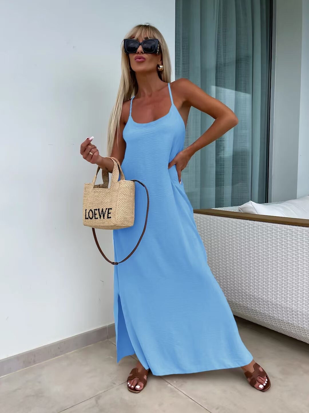 Solid Cross Back Sleeveless Maxi Dress - Sky Blue - 1 - large format