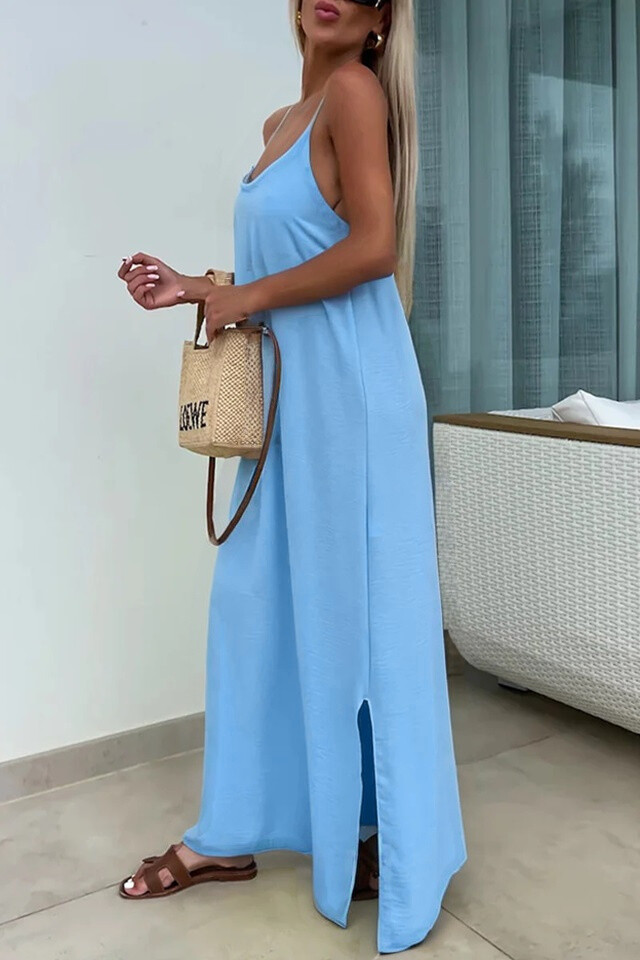 Solid Cross Back Sleeveless Maxi Dress - Sky Blue - 2 - large format