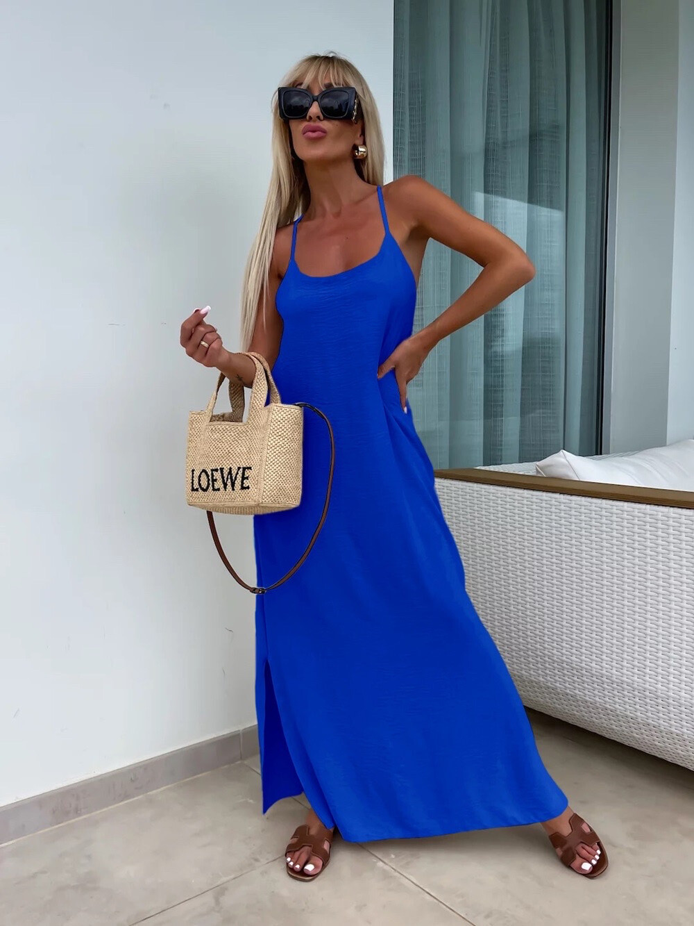 Solid Cross Back Sleeveless Maxi Dress - Royal Blue - 1 - large format