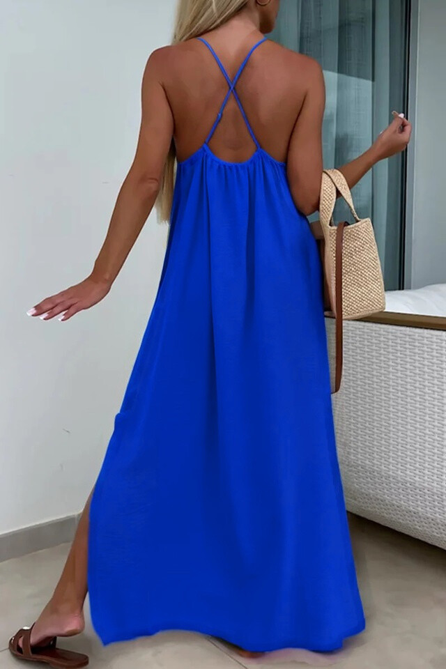 Solid Cross Back Sleeveless Maxi Dress - Royal Blue - 3 - large format
