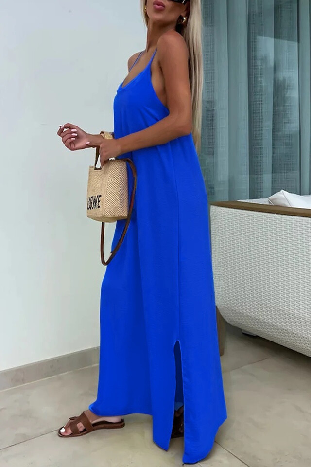 Solid Cross Back Sleeveless Maxi Dress - Royal Blue - 2 - large format