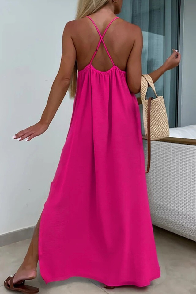 Solid Cross Back Sleeveless Maxi Dress - Fuchsia - 3 - large format