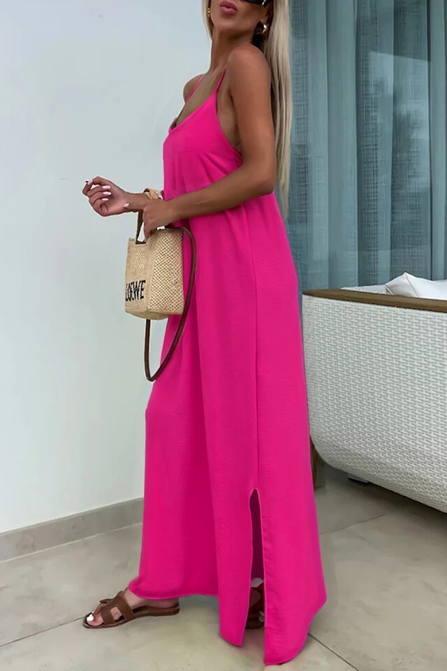 Solid Cross Back Sleeveless Maxi Dress - Fuchsia - 2 - large format