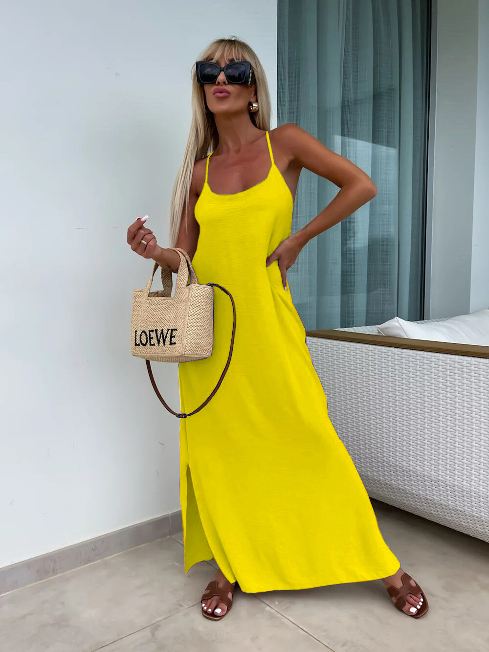 Solid Cross Back Sleeveless Maxi Dress - Yellow - 1 - large format