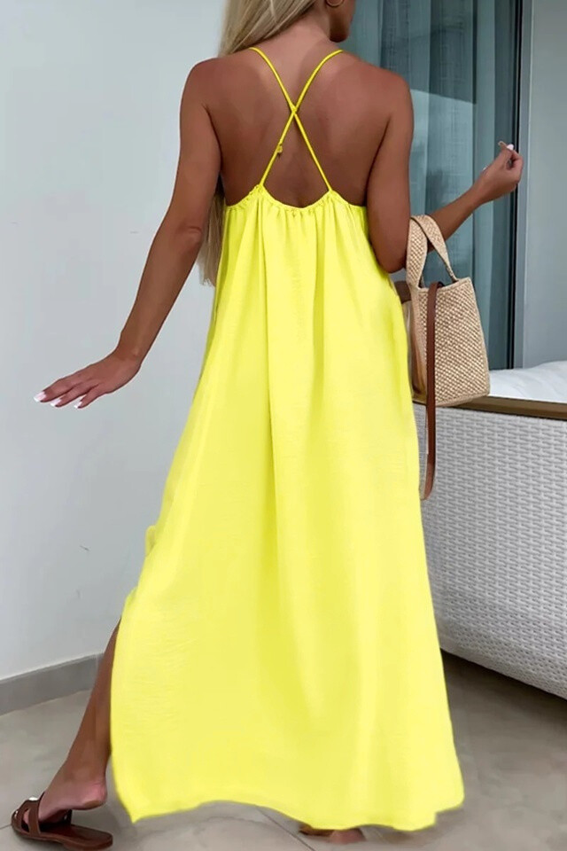 Solid Cross Back Sleeveless Maxi Dress - Yellow - 3 - large format