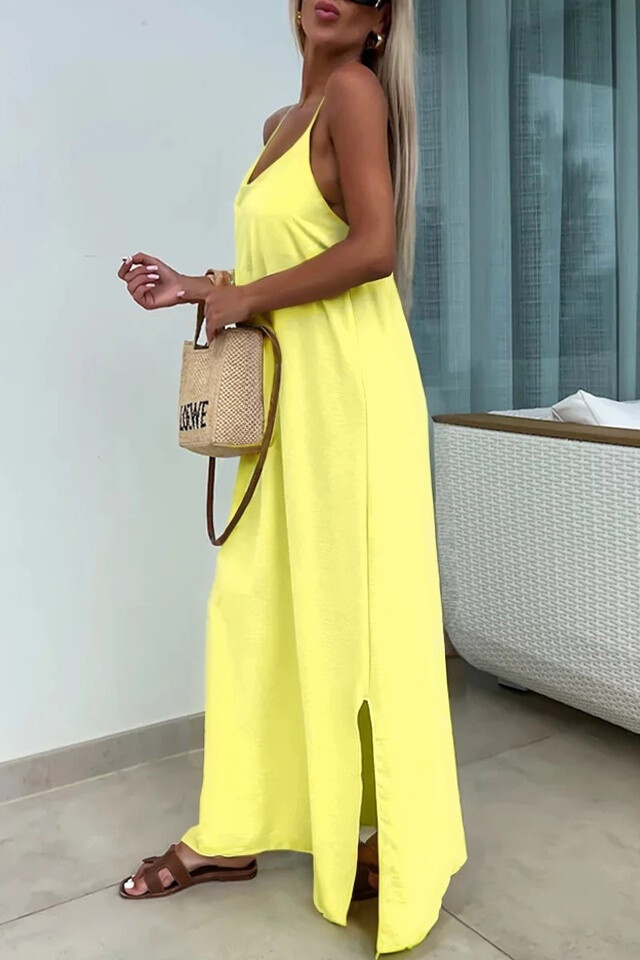 Solid Cross Back Sleeveless Maxi Dress - Yellow - 2 - large format