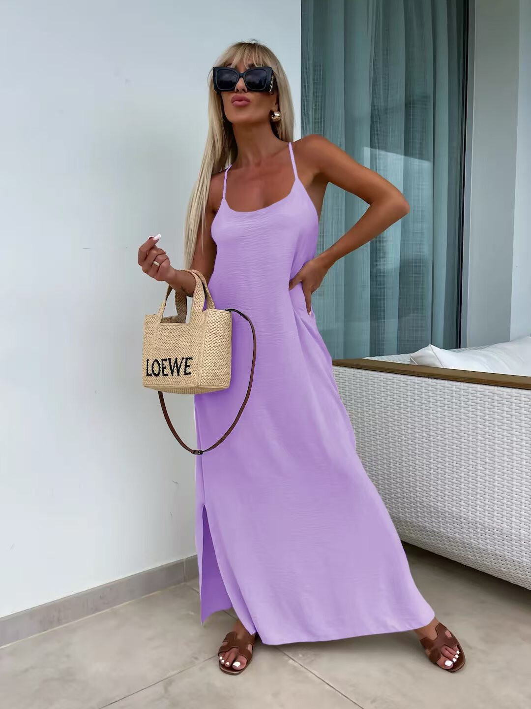 Solid Cross Back Sleeveless Maxi Dress - Lilac - 1 - large format