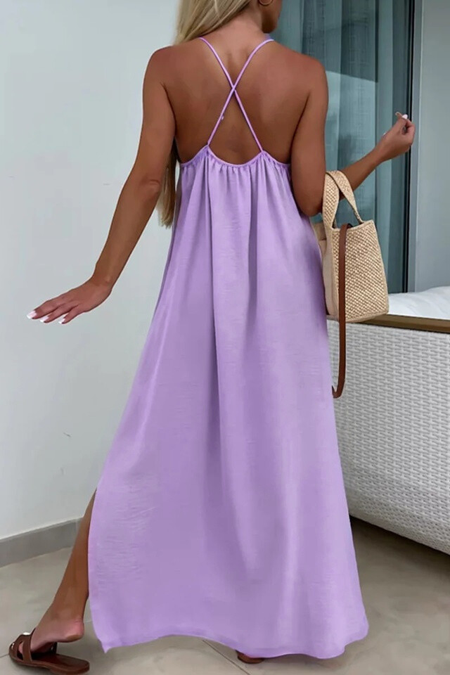 Solid Cross Back Sleeveless Maxi Dress - Lilac - 3 - large format
