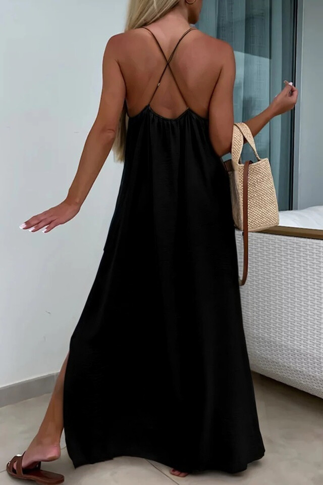 Solid Cross Back Sleeveless Maxi Dress - Black - 3 - large format