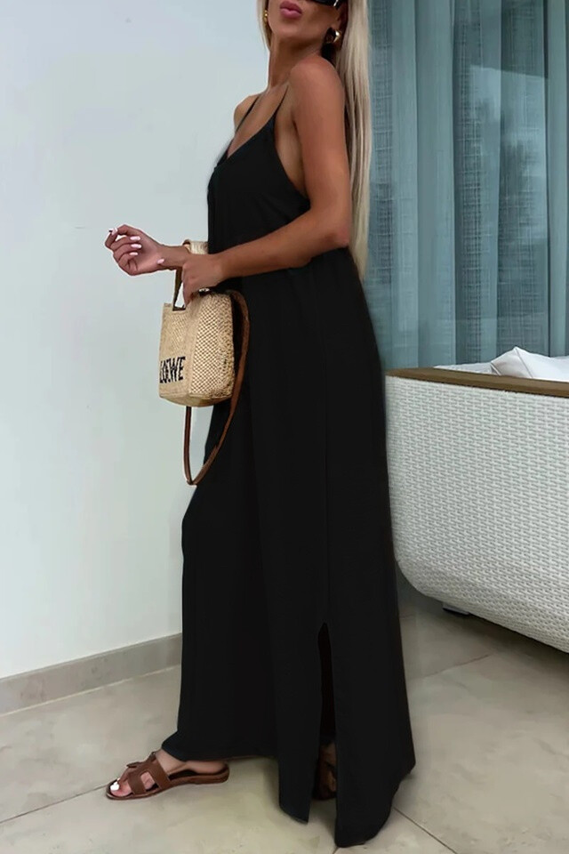 Solid Cross Back Sleeveless Maxi Dress - Black - 2 - large format