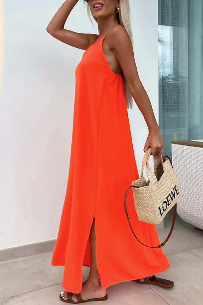Solid Cross Back Sleeveless Maxi Dress - Orange Red - 2 - large format