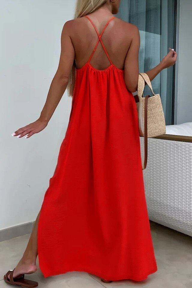 Solid Cross Back Sleeveless Maxi Dress - Red - 3 - large format