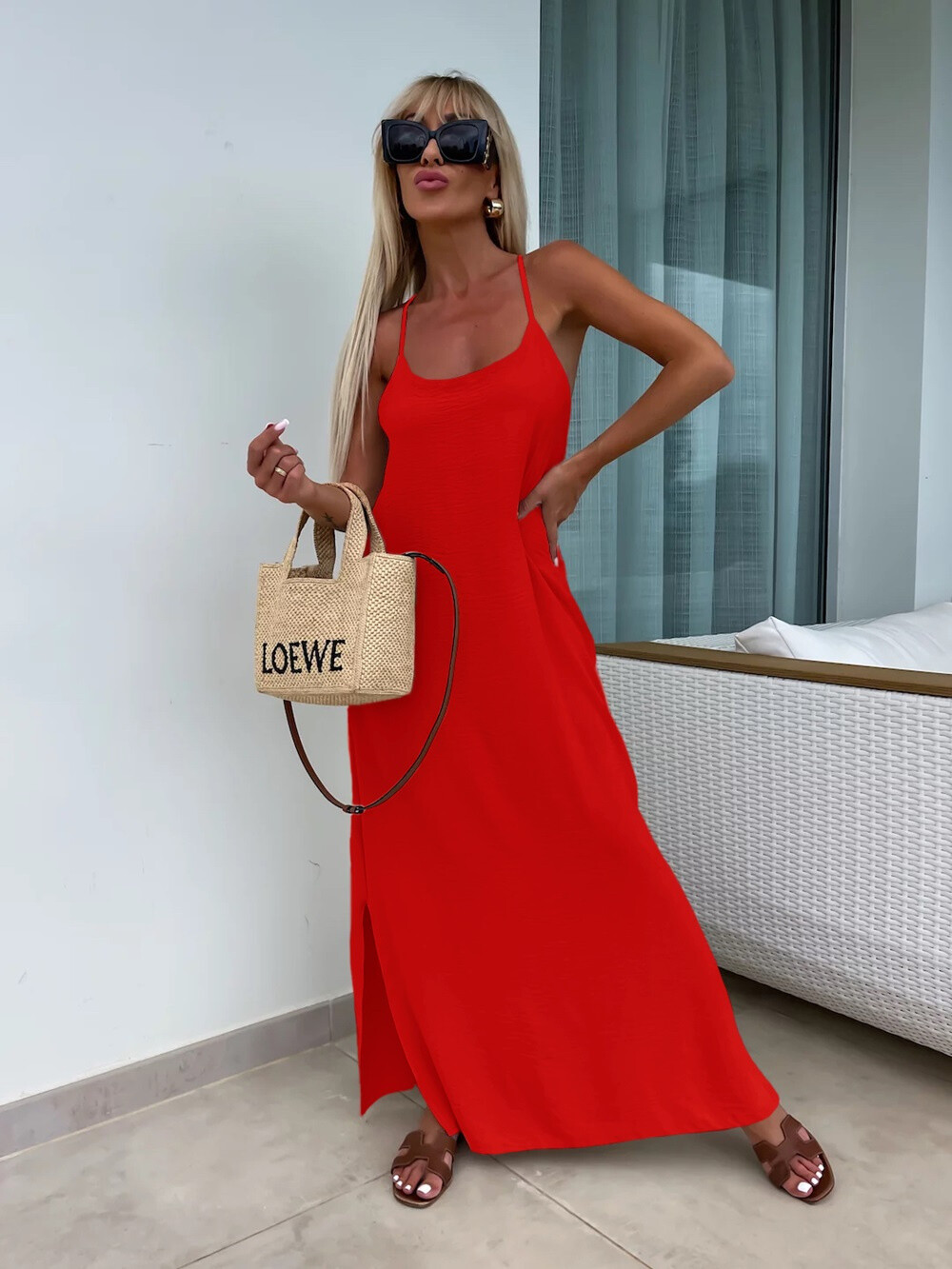 Solid Cross Back Sleeveless Maxi Dress - Red - 1 - large format