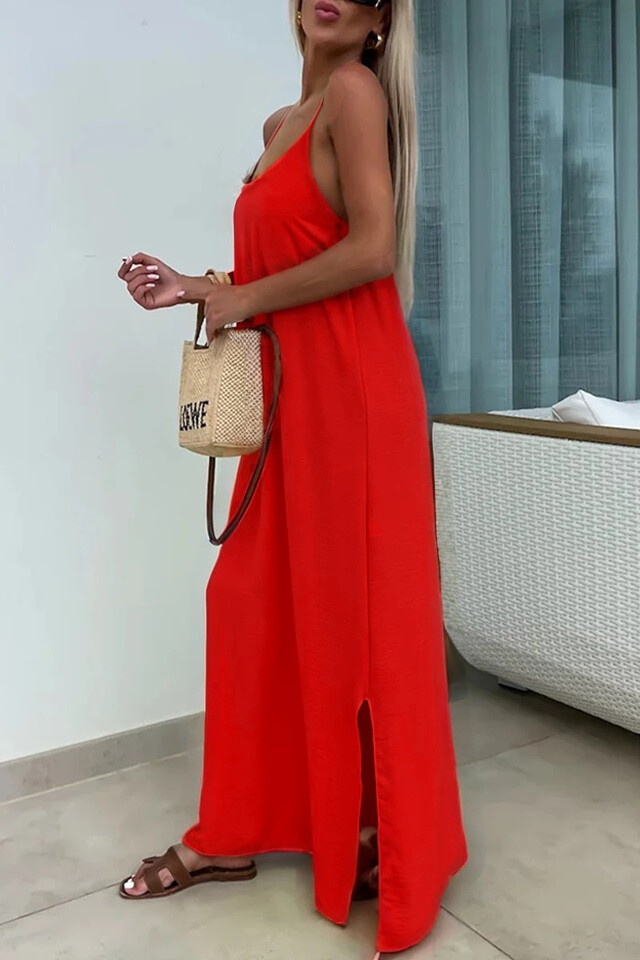Solid Cross Back Sleeveless Maxi Dress - Red - 2 - large format