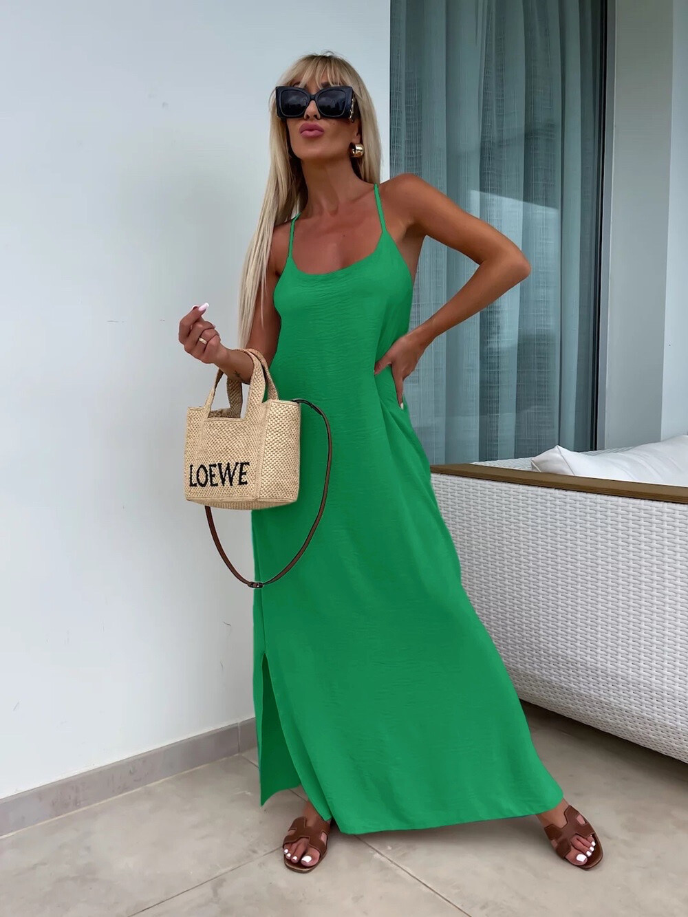 Solid Cross Back Sleeveless Maxi Dress - Green - 1 - large format