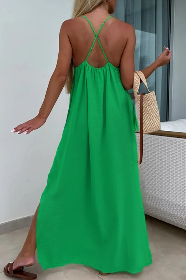 Solid Cross Back Sleeveless Maxi Dress - Green - 3 - large format