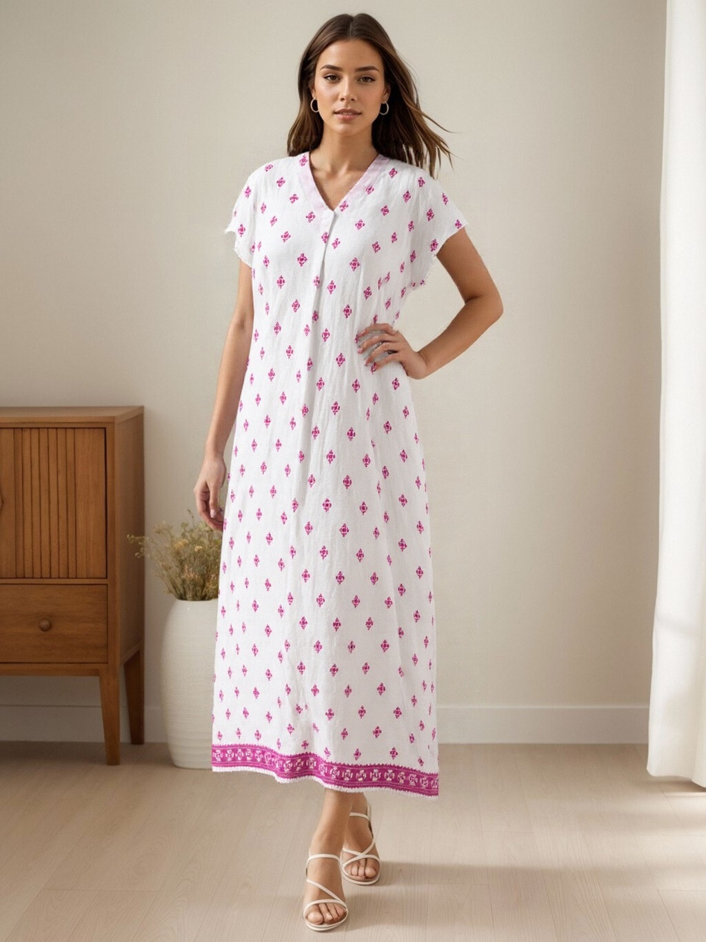 Vestido viscoso largo con patrones - Fucsia - 1 - formato grande