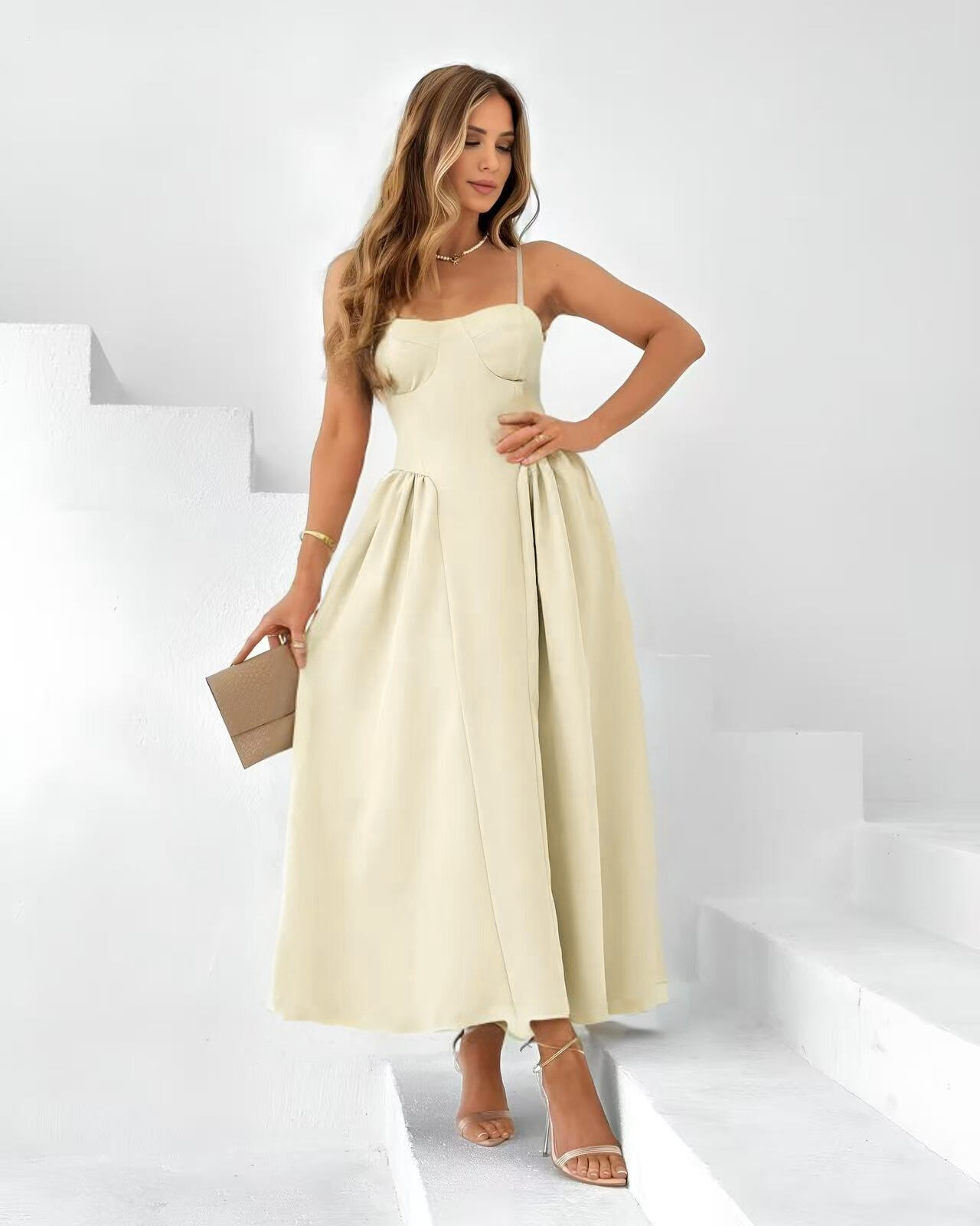 Robe Trapèze Chic Bretelles Réglables Fermeture au Dos - Vanille - 1 - grand format