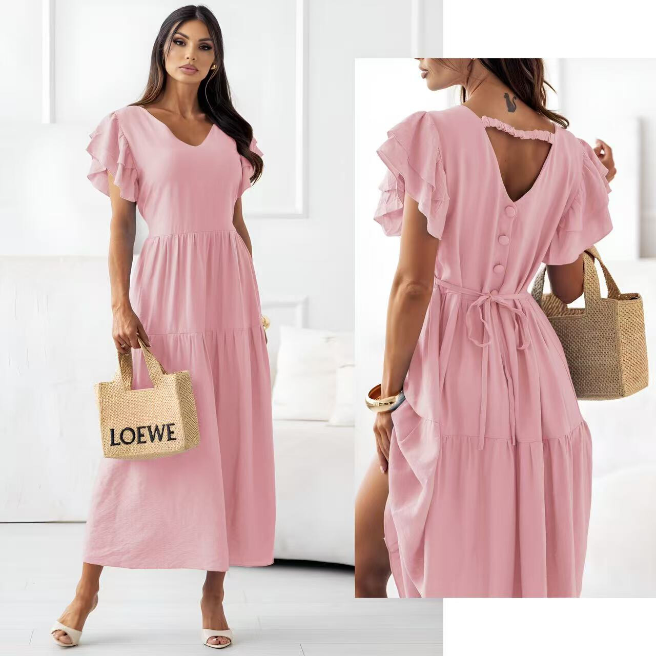 Long dress with buttons and attach to the back - Rose Shadow - 1 - large format