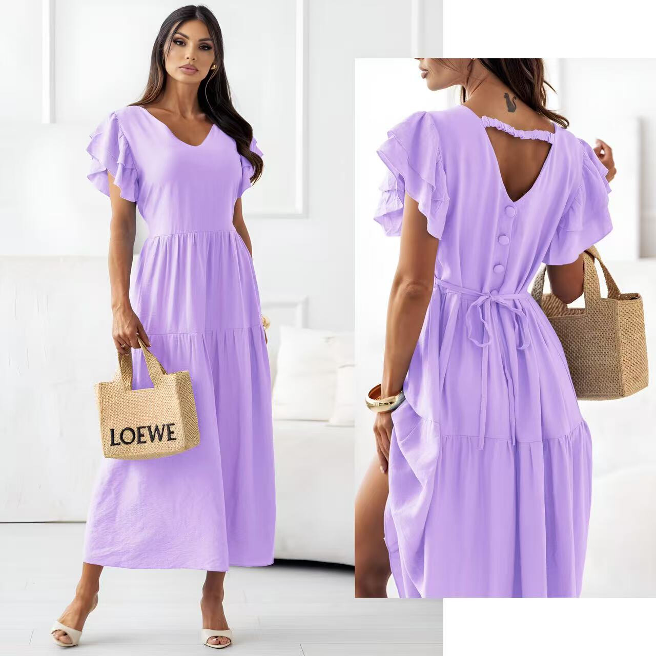 Long dress with buttons and attach to the back - Lilac - 1 - large format