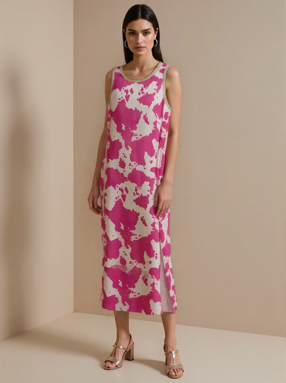Abito fluido lungo con stampe di mucca e fessure - Rosa - 1 - formato grande