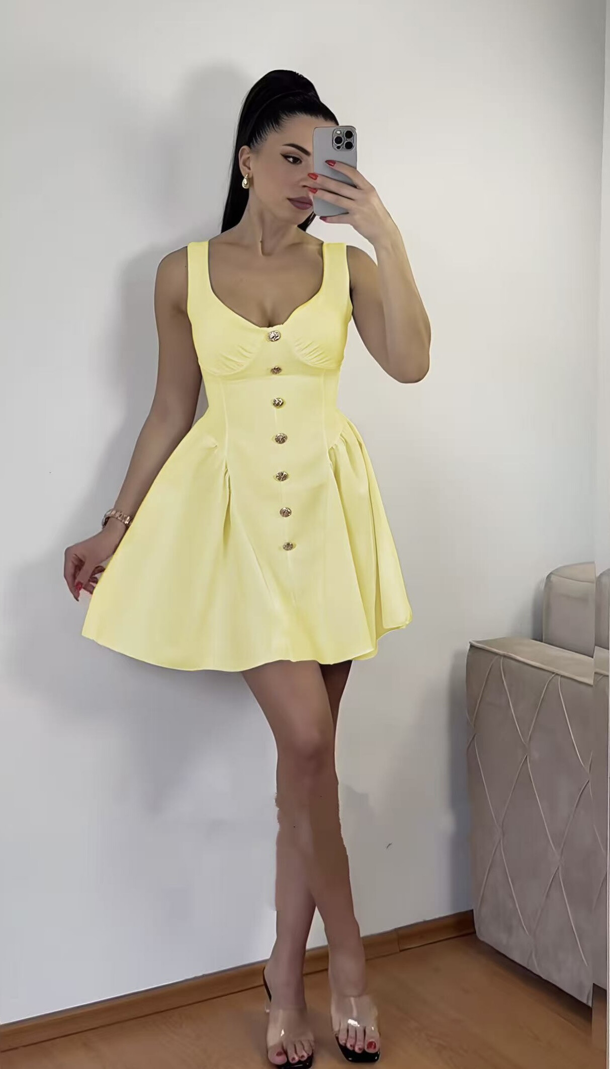 Robe patineuse chic à boutons décoratifs dorés et noeud à nouer au dos - Jaune Clair 1 - miniature