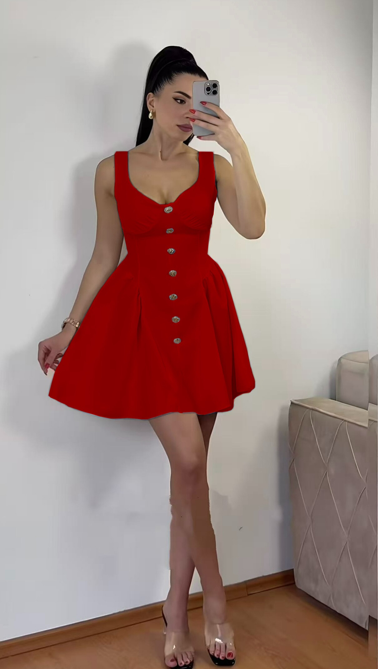 Robe patineuse chic à boutons décoratifs dorés et noeud à nouer au dos - Rouge - 1 - grand format