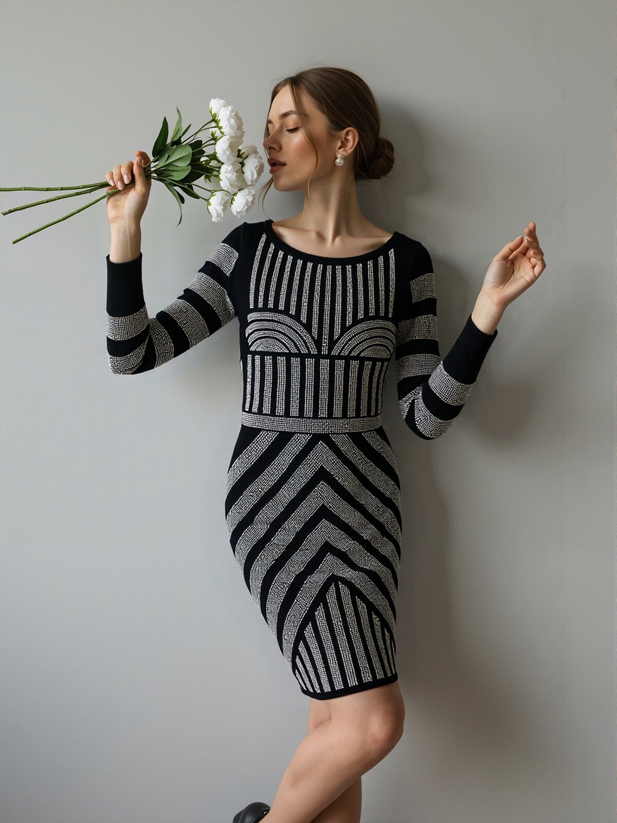 Grossiste ROSYDAYS - Robe Pull Maille Moulante Strassé