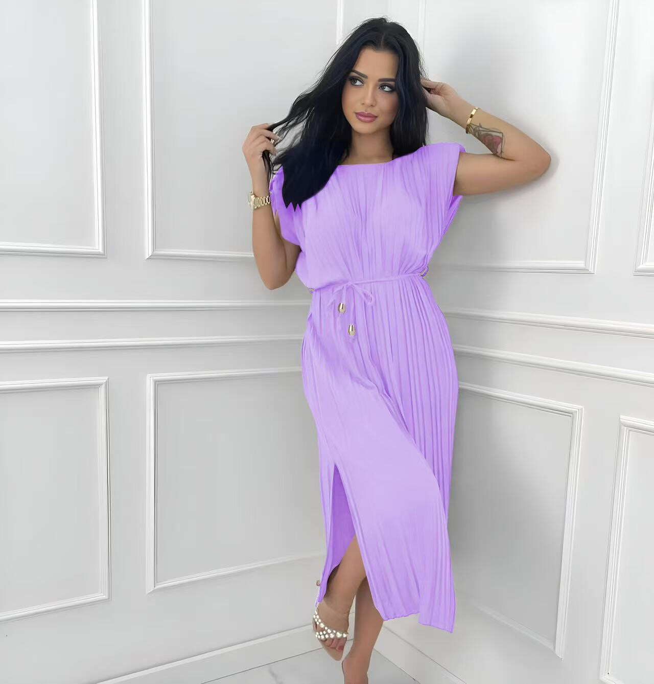 Wholesaler Rosy Days - Long pleated bells dress with cord and slit