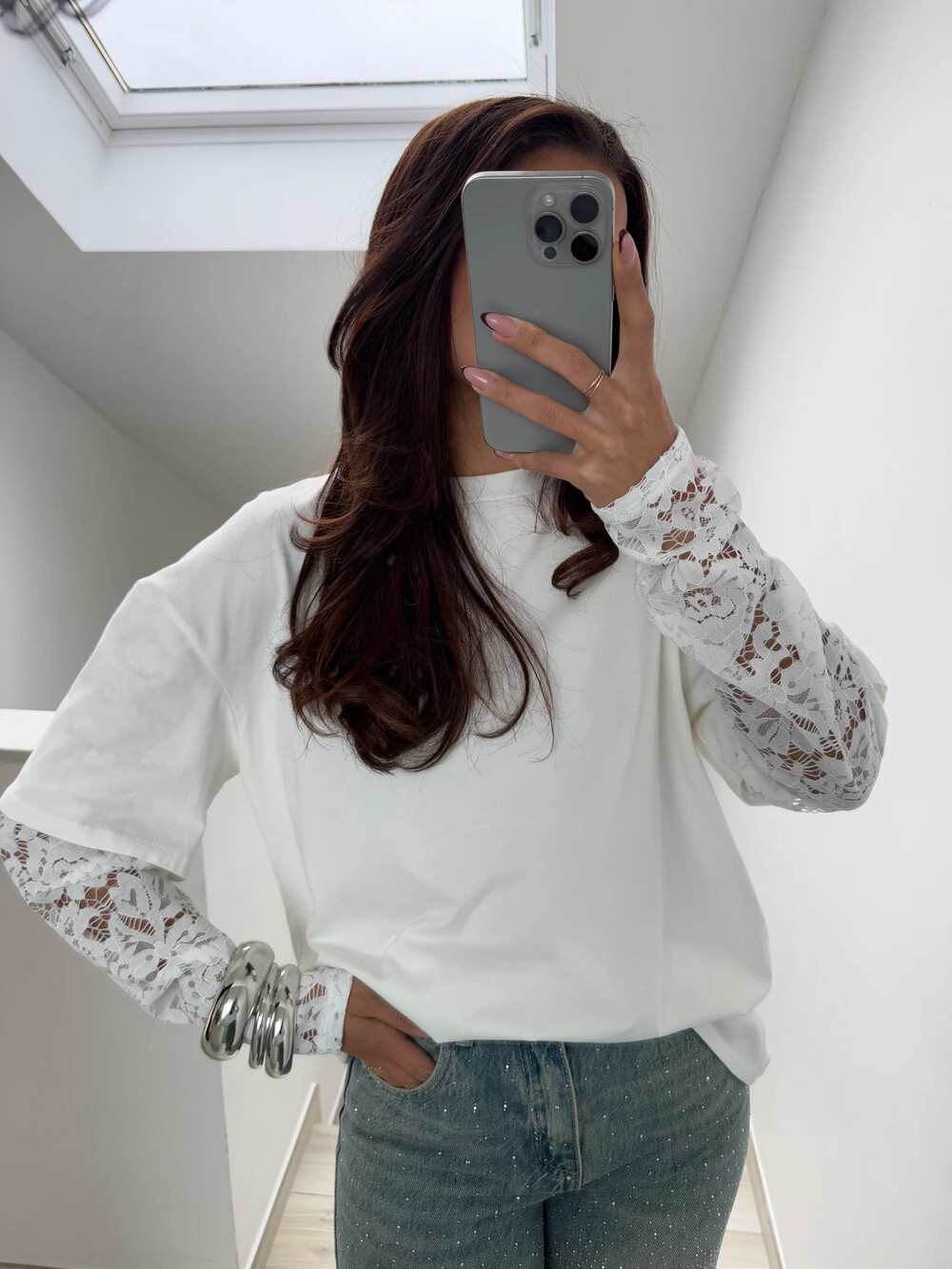 Grossiste Rosy Days - Tshirt manches dentelles en coton oversize tendance
