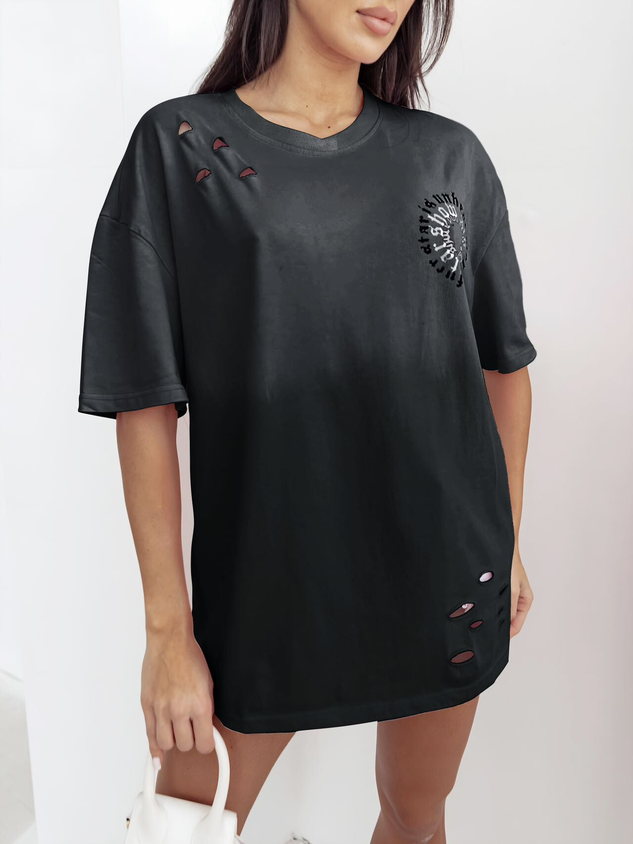Tie-dye T-shirt with black details and writing - Black - 1 - large format