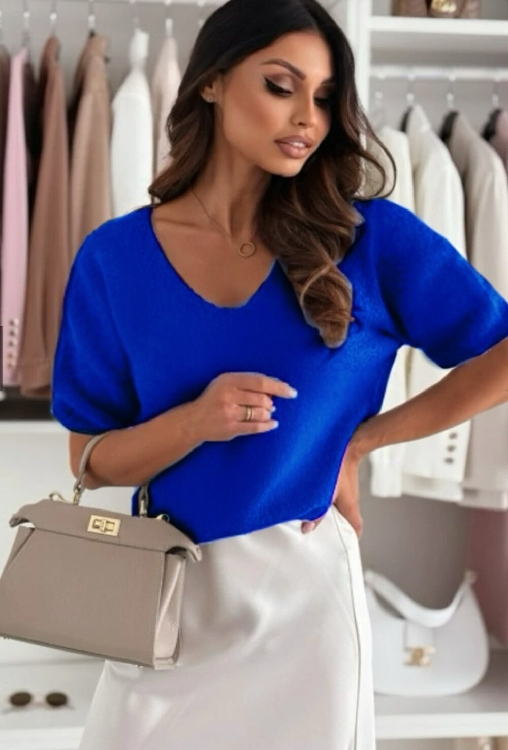 T -shirt V -neck in single basic mesh - Royal Blue - 1 - large format
