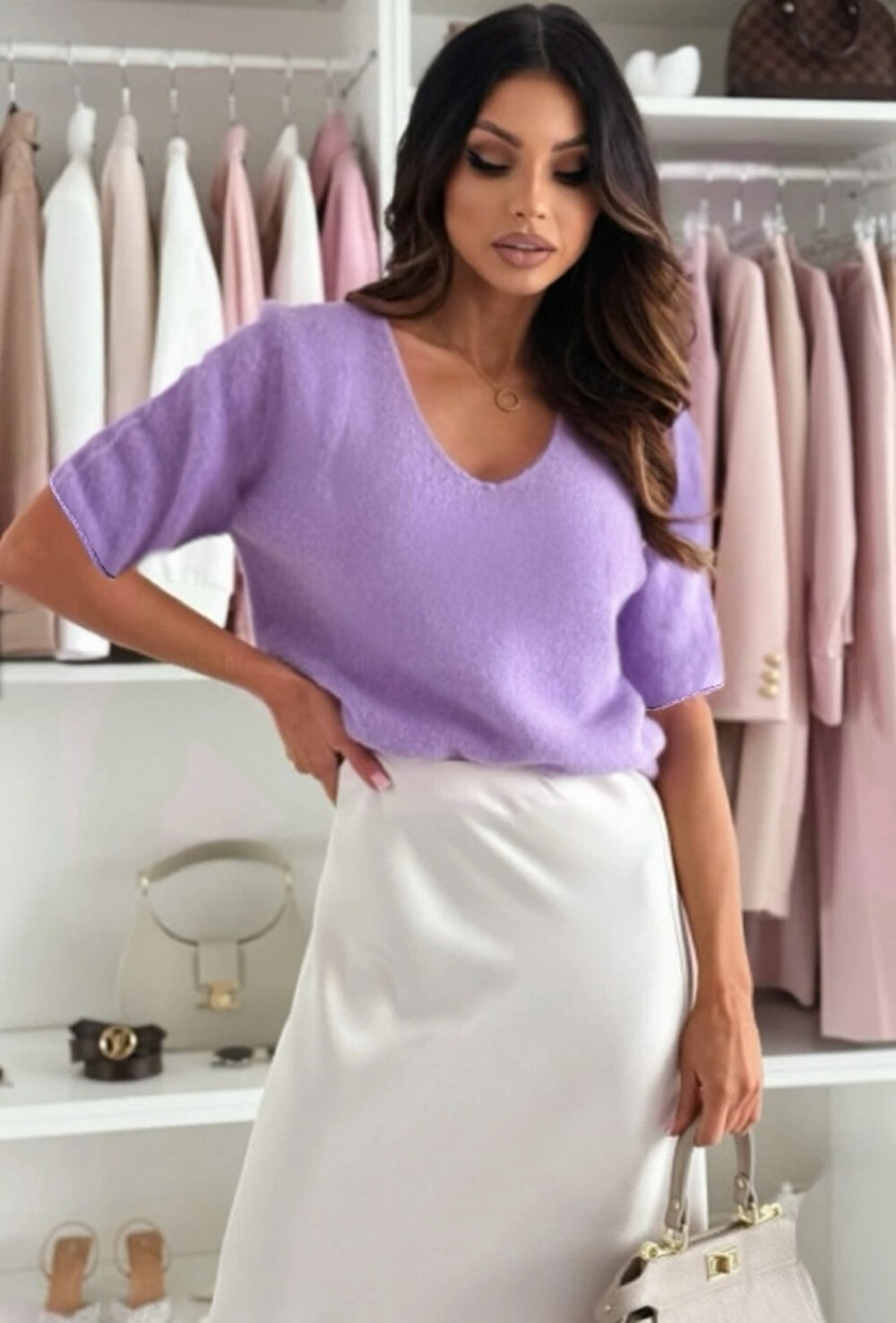 T -shirt V -neck in single basic mesh - Lilac - 1 - large format