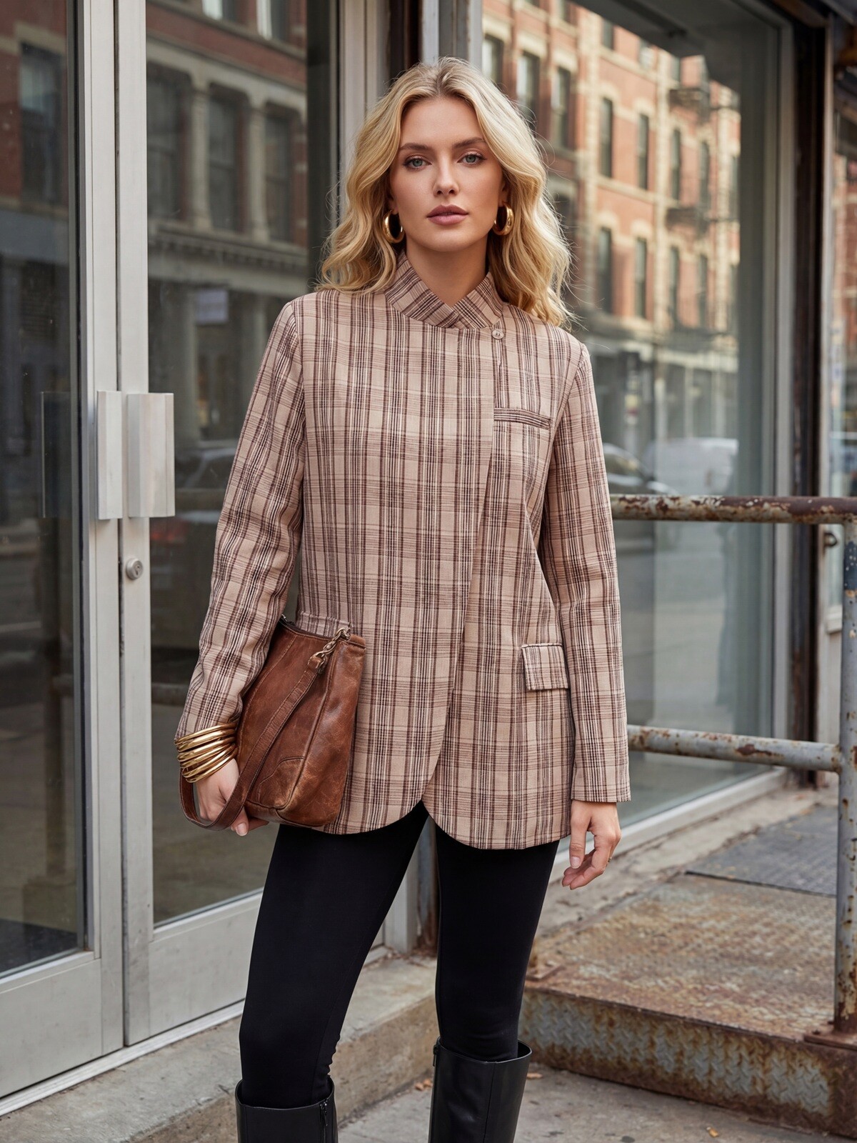 Grossista ROSYDAYS - Blazer Doppiopetto Oversize a Quadri con Fodera