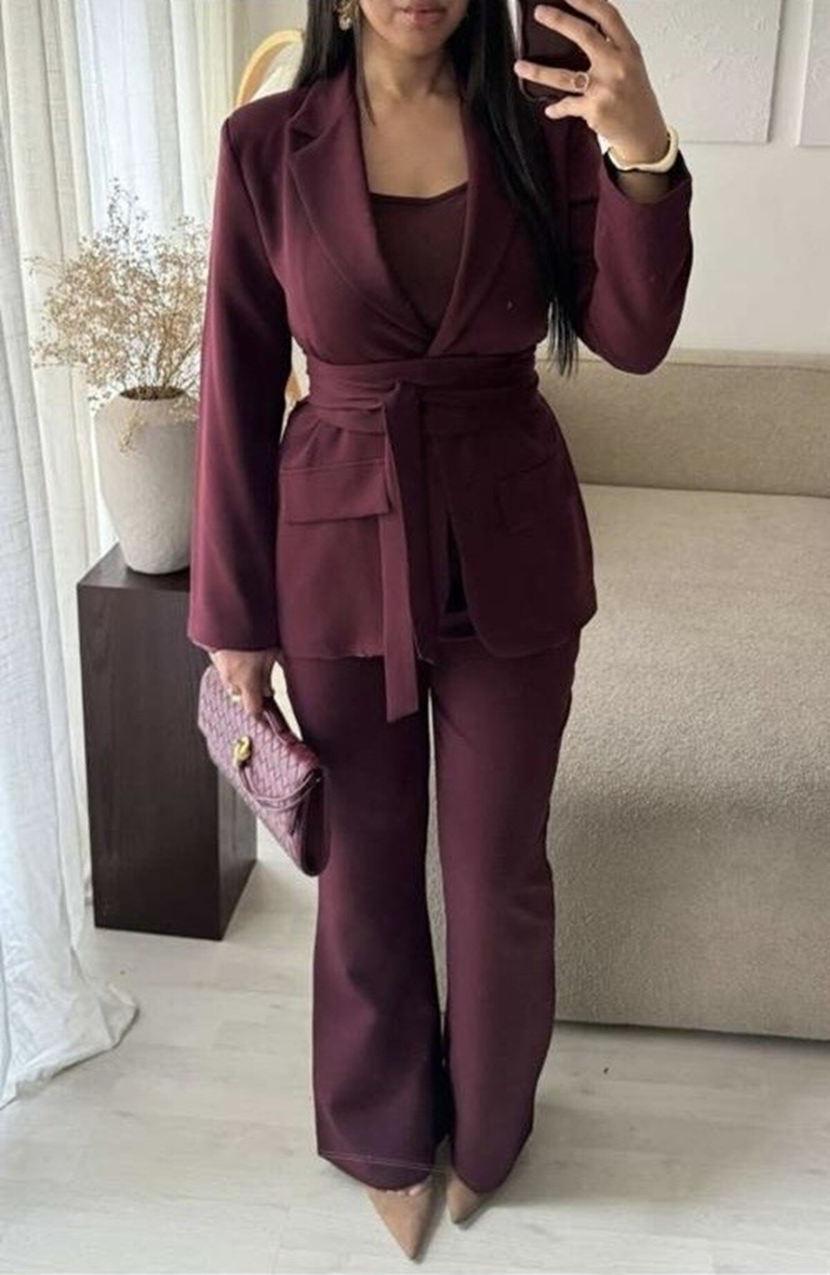 Grossista ROSYDAYS - Completo Blazer con Cintura Larga e Pantaloni a Zampa con Fodera