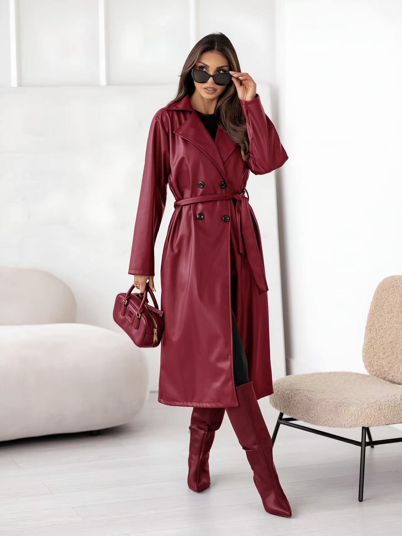 Großhändler ROSYDAYS - Langer Trenchcoat aus Kunstleder mit Kordelzug und 4 Knöpfen