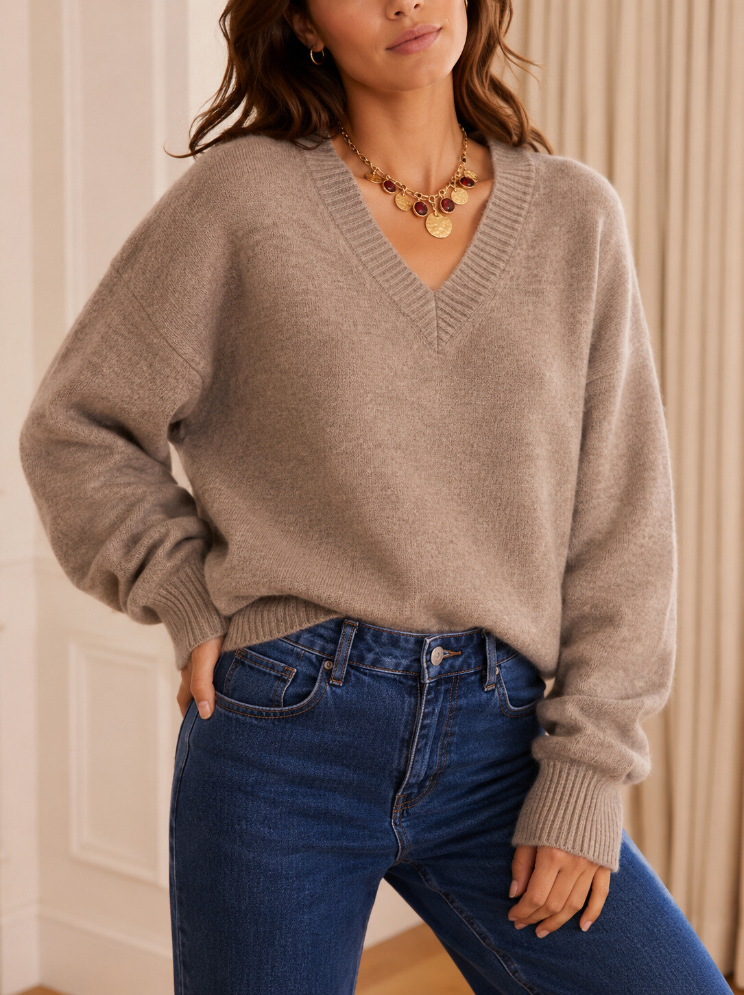 Großhändler ROSYDAYS - Weicher Basic V-Ausschnitt Strickpullover