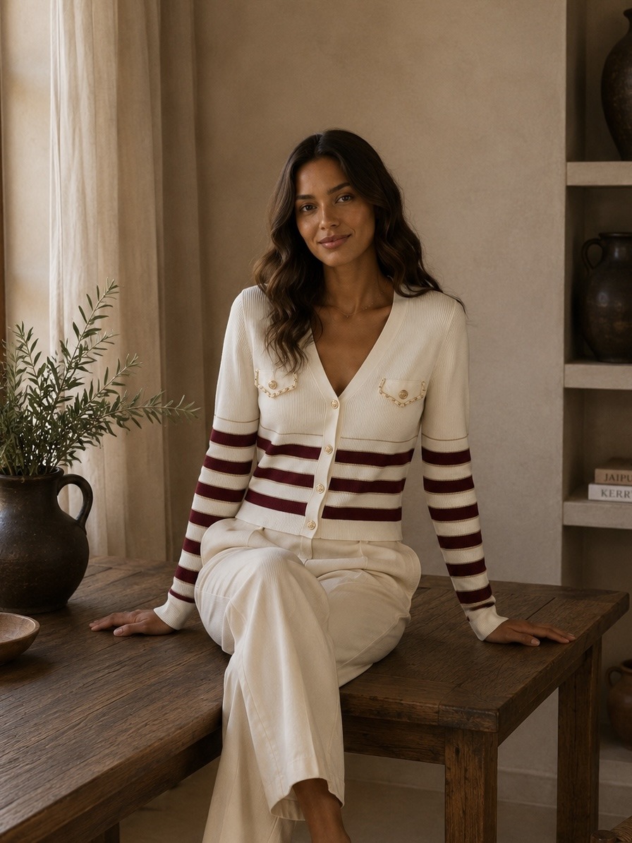 Grossiste ROSYDAYS - Pull Gilet Moulant à Rayures, Chaines et Poches Décoratives