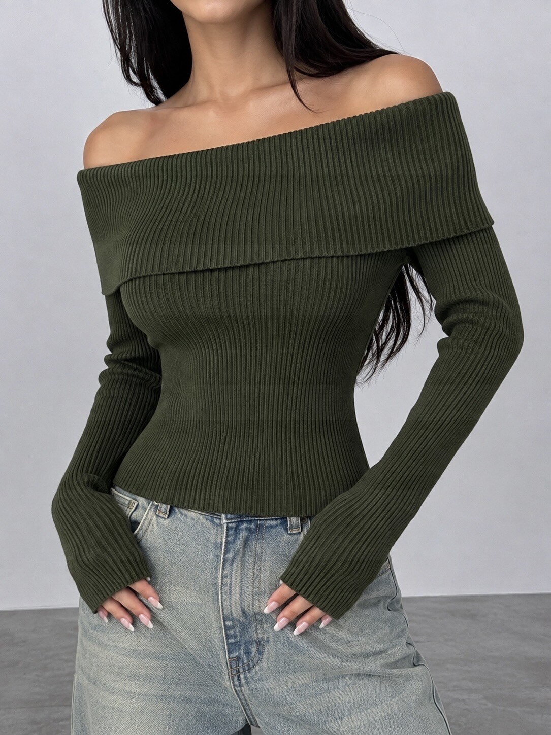 Grossiste ROSYDAYS - Pull Maille Fine Côtelé Col Bardot Épaules Dénudées