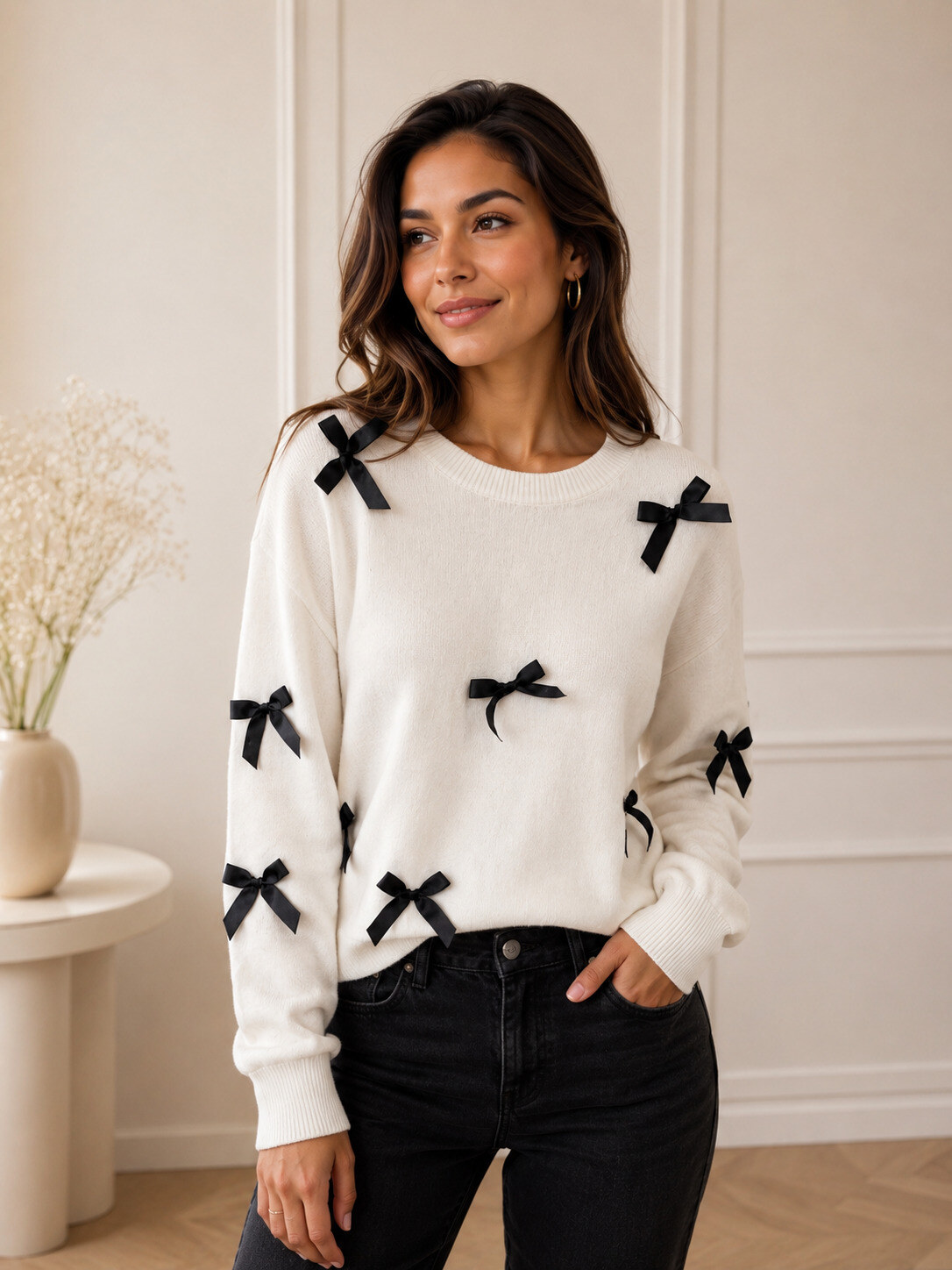 Wholesaler ROSYDAYS - Soft Knit Sweater with Round Neck and Bow Details