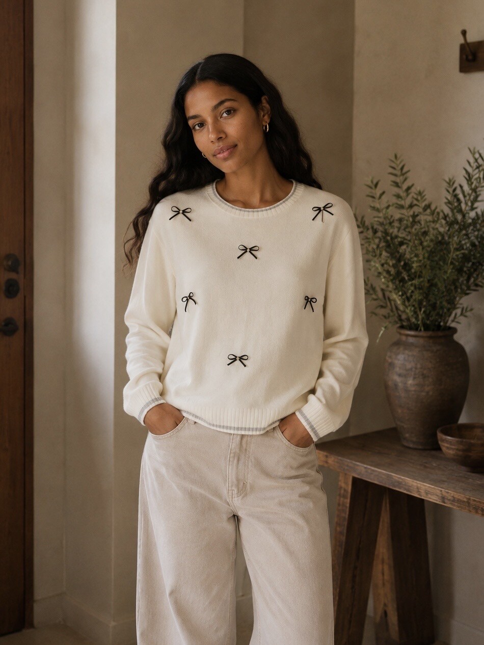 Grossista ROSYDAYS - Maglione con Nodi di Perle e Bordature in Lurex