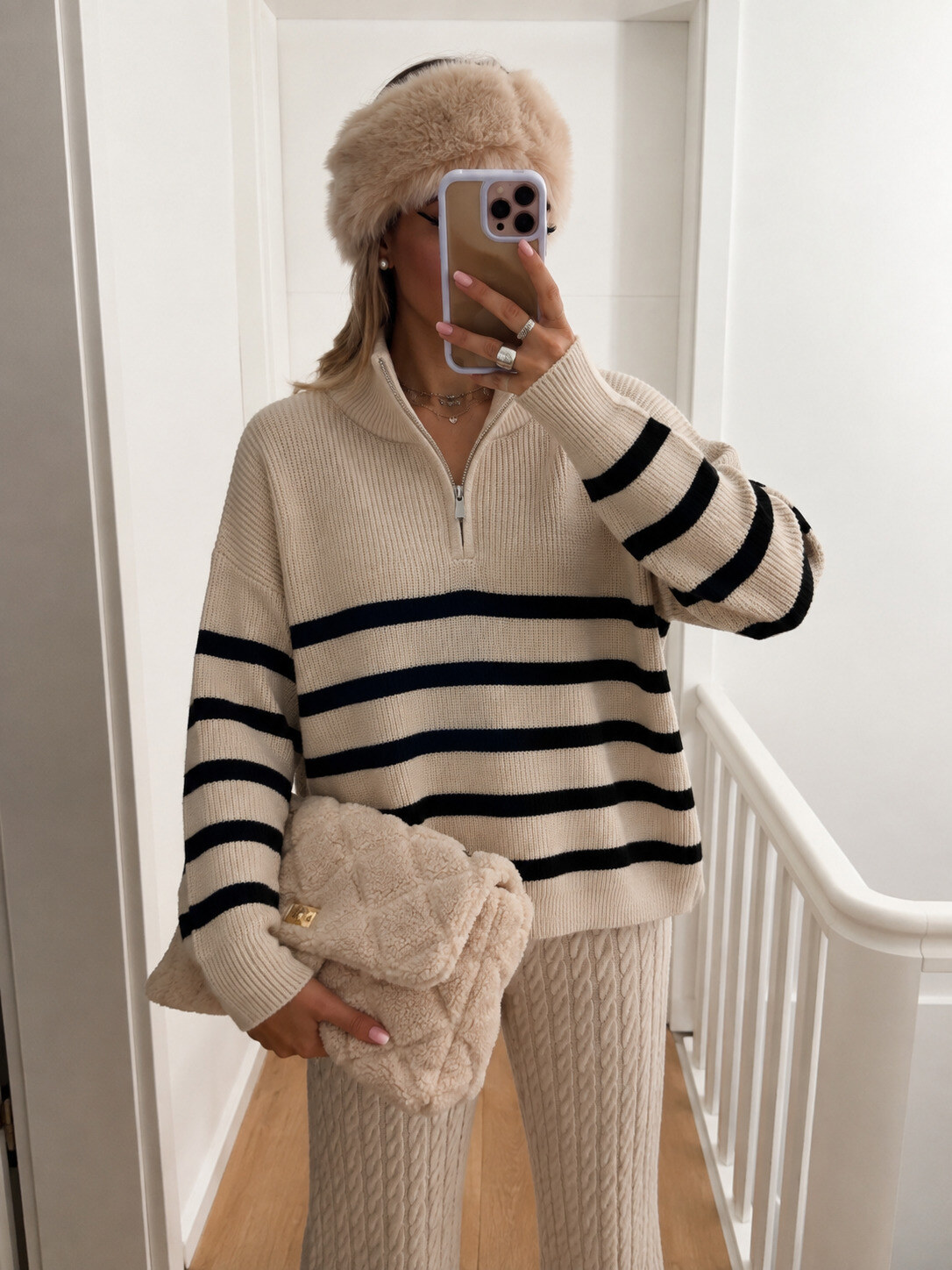 Wholesaler ROSYDAYS - Striped Knit Sweater with Zippered Collar