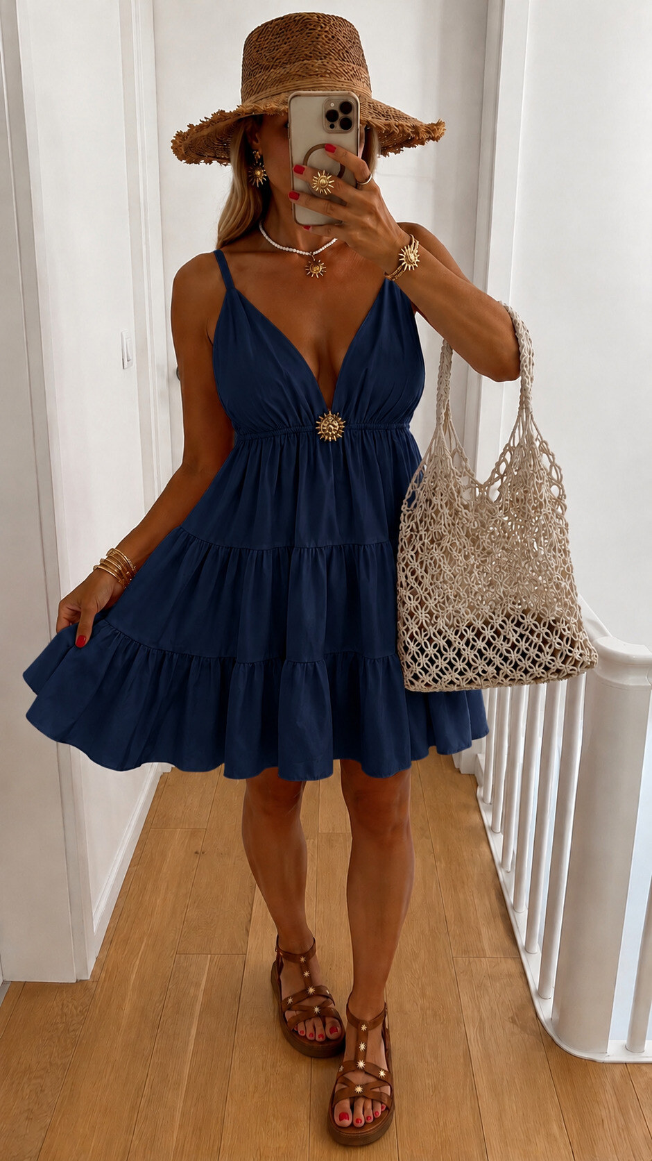 Mayorista ROSYDAYS - Vestido de Algodón con Tirantes y Broche de Sol Cuello en V