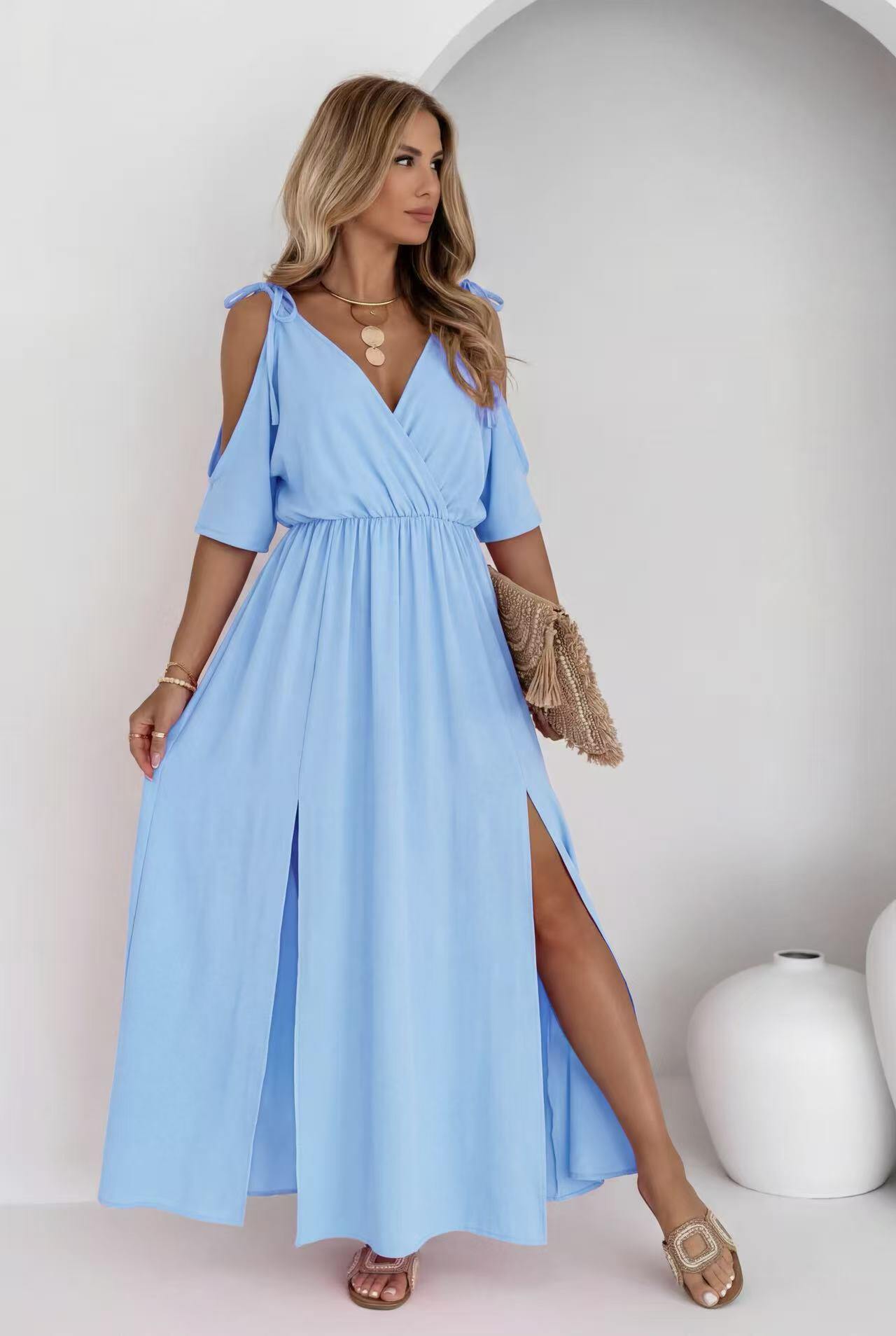 Mayorista ROSYDAYS - Vestido Largo con Escote en V y Hombros Descubiertos con Abertura