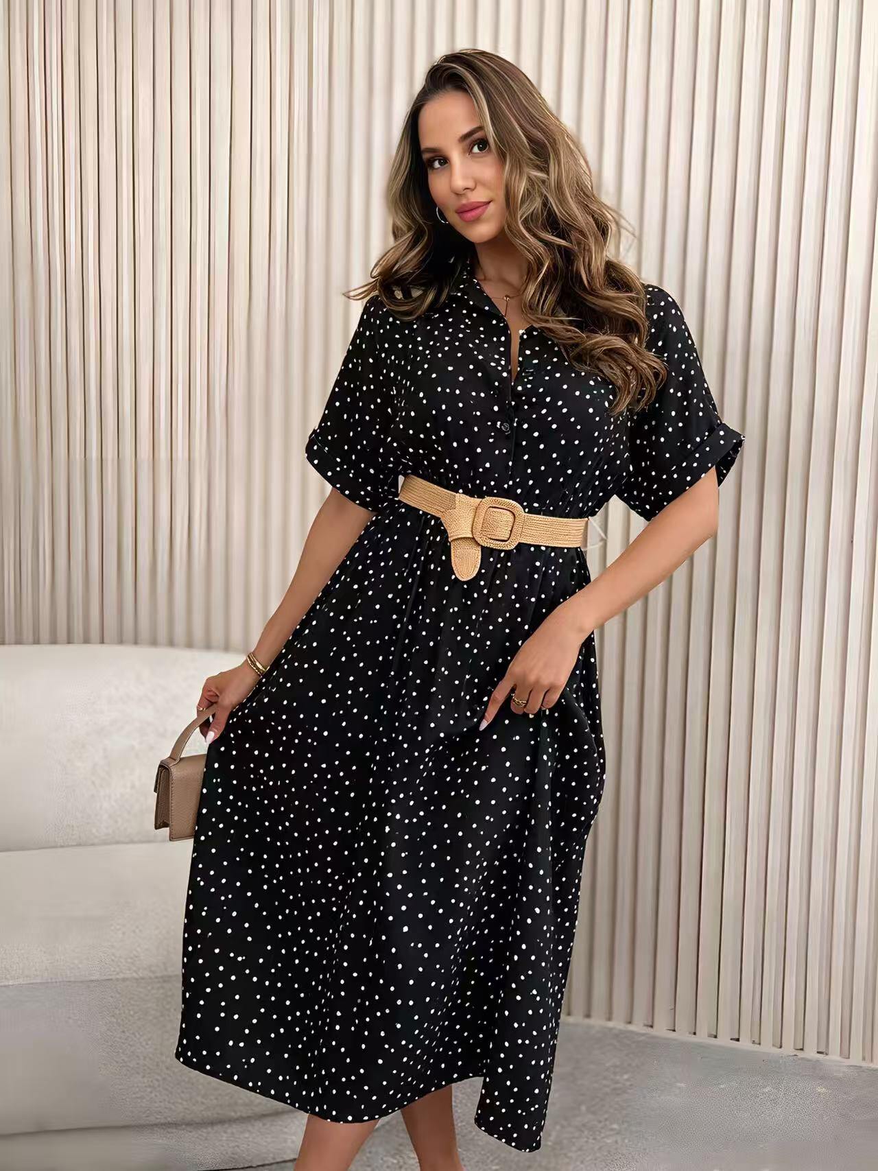 Mayorista ROSYDAYS - Vestido camisero de lunares con cinturón de paja