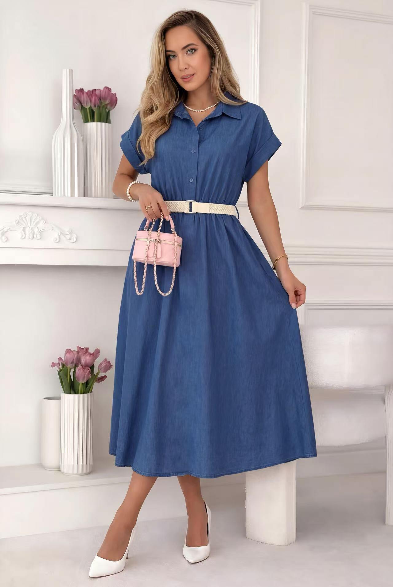 Grossista ROSYDAYS - Abito in Jeans di Cotone Tencel Con Cintura