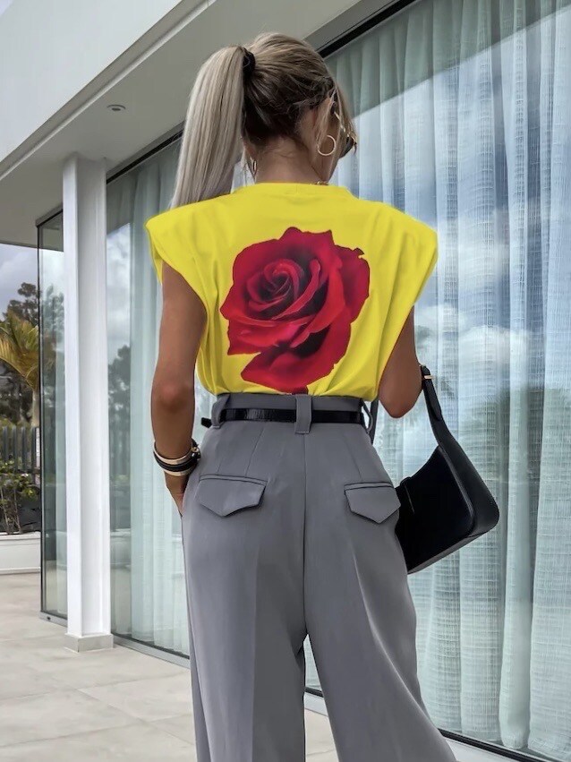 Mayorista ROSYDAYS - Camiseta de algodón con hombreras y estampado rosa en la espalda
