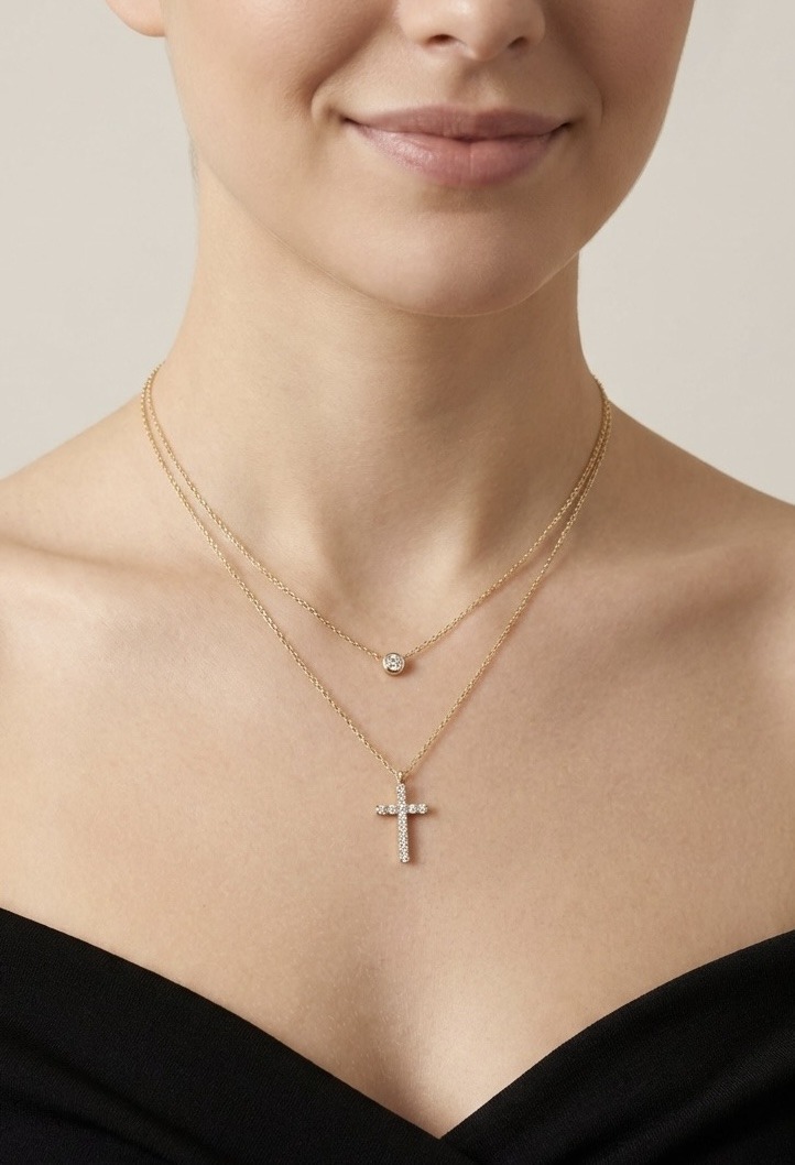 Grossista Rouge Bonbons - COLLANA A DUE CATENE CON CROCE IN ACCIAIO INOX