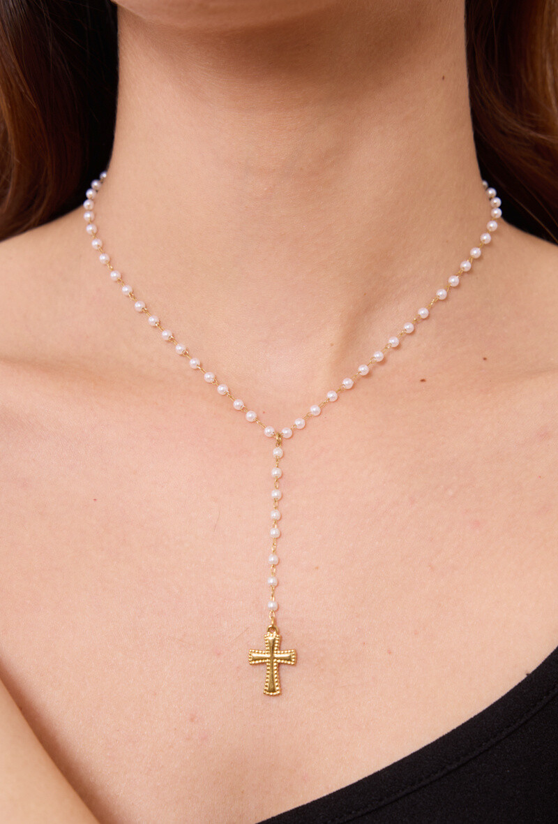 Grossiste Rouge Bonbons - Collier "Y" perle et croix en acier inoxydable