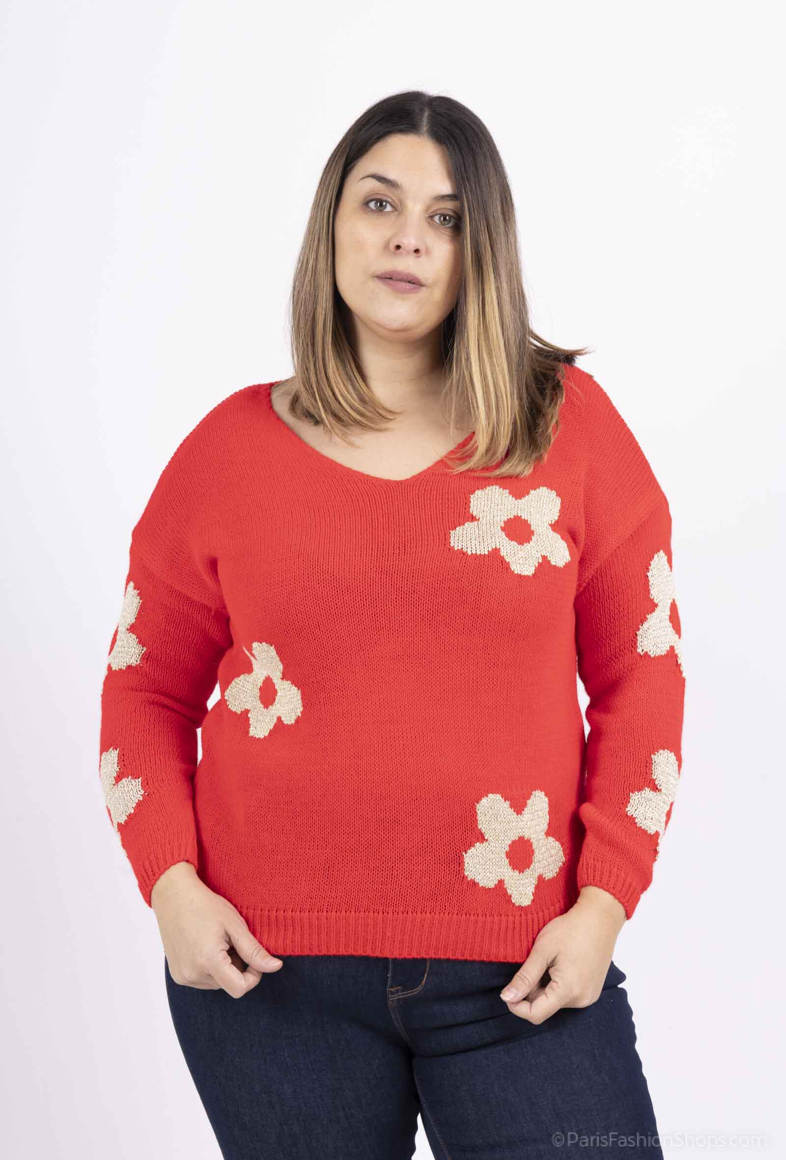 Grossista RZ Fashion - Maglione con scollo a V in fiore dorato.